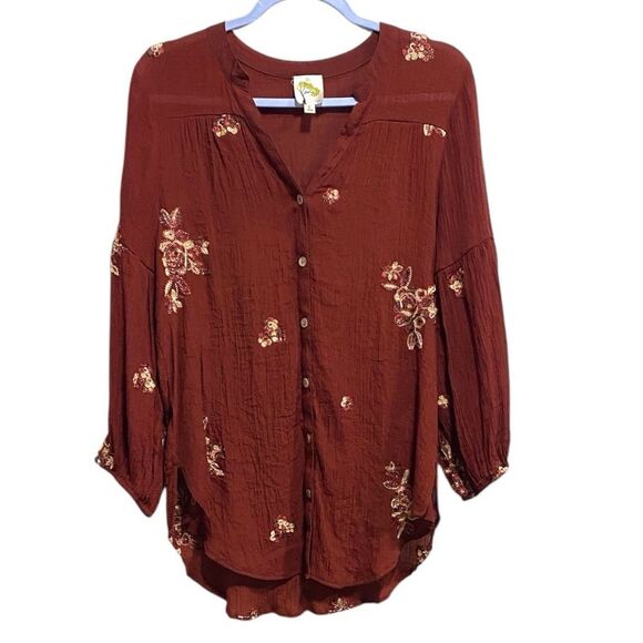Anthropologie Fig & Flower Embroidered Button Blouse Rust Red Women’s Large - Picture 1 of 13